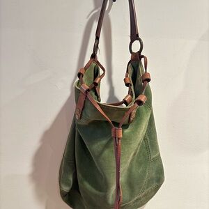 Lucky Brand Green Suede Brown Leather Trim Hobo Bucket Shoulder Bag. 19"x14"x4"